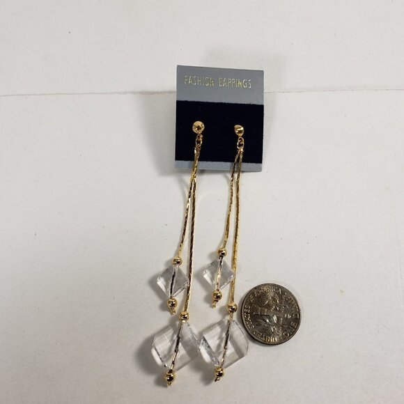 Clear Acrylic Beads Drop Earrings w/ Gold-tone Fringe Chain Dangle Chic Jewelry - Picture 6 of 8